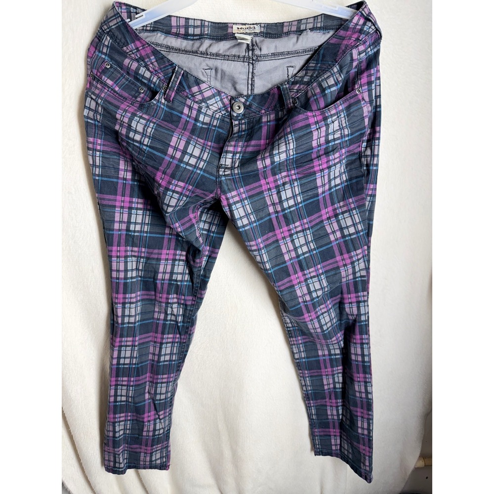 Mudd Womens Purple Plaid Skinny Pants Size 17 Grey Blue Check Stretch Trousers